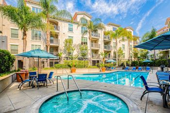 Beautifully landscaped courtyard with pool and hot spa